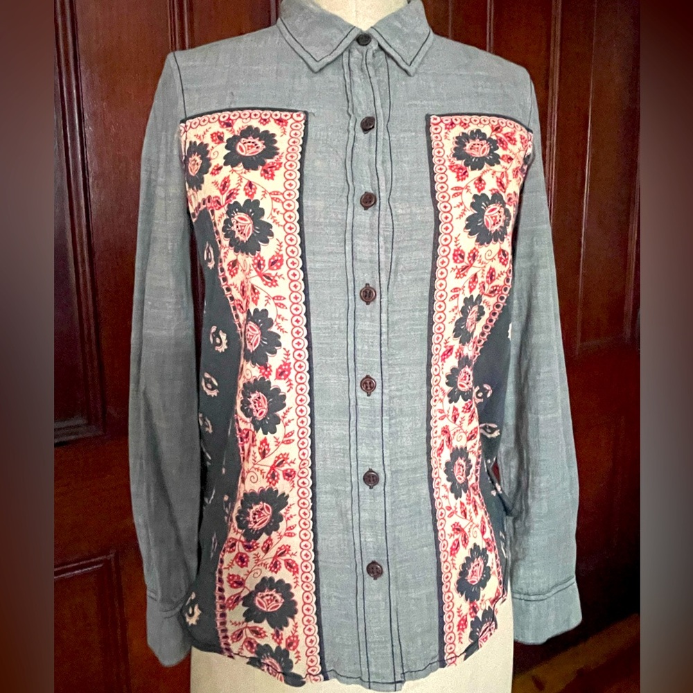 Free People Cotton Denim Buttondown Shirt with Paisley Panels Size S